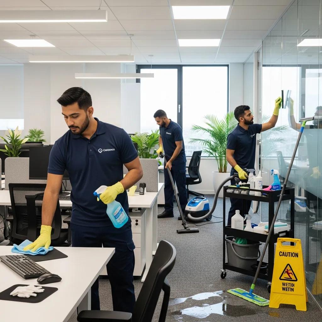 Professional office cleaning team sanitizing workspaces in a modern office environment