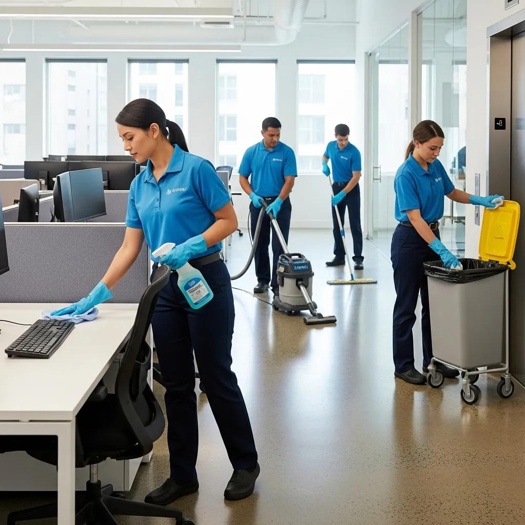 Professional office cleaning team sanitizing workspaces in a modern office environment