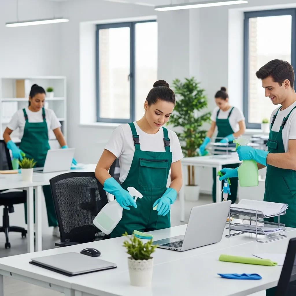 Professional office cleaning team using eco-friendly products in a modern workspace