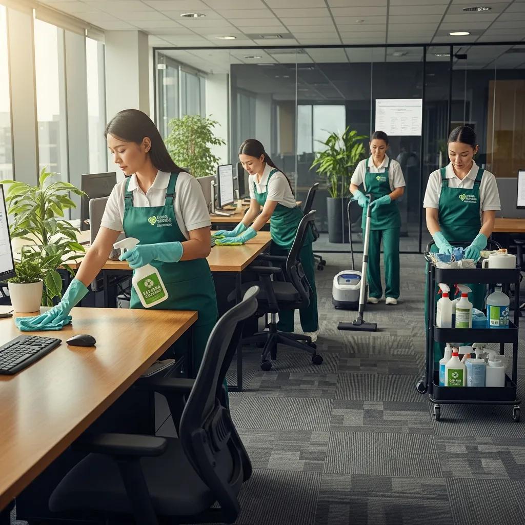 Professional office cleaning team using eco-friendly products in a modern workspace