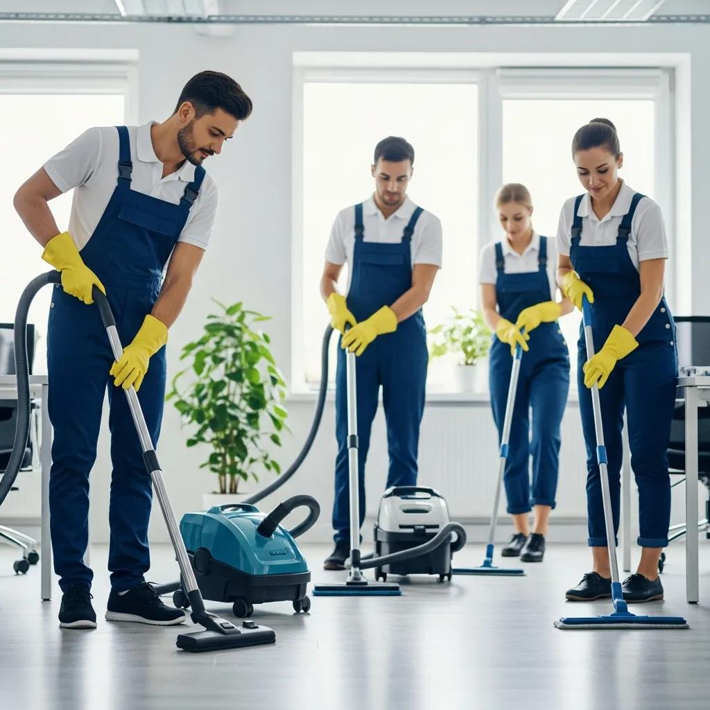 Professional office cleaning team using modern equipment in a bright workspace