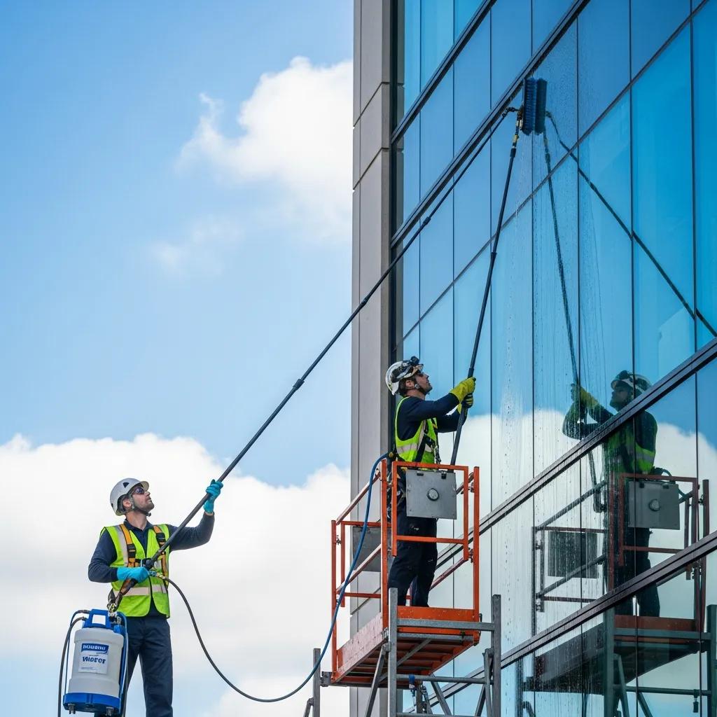 Professional window cleaning team using modern equipment on a commercial building