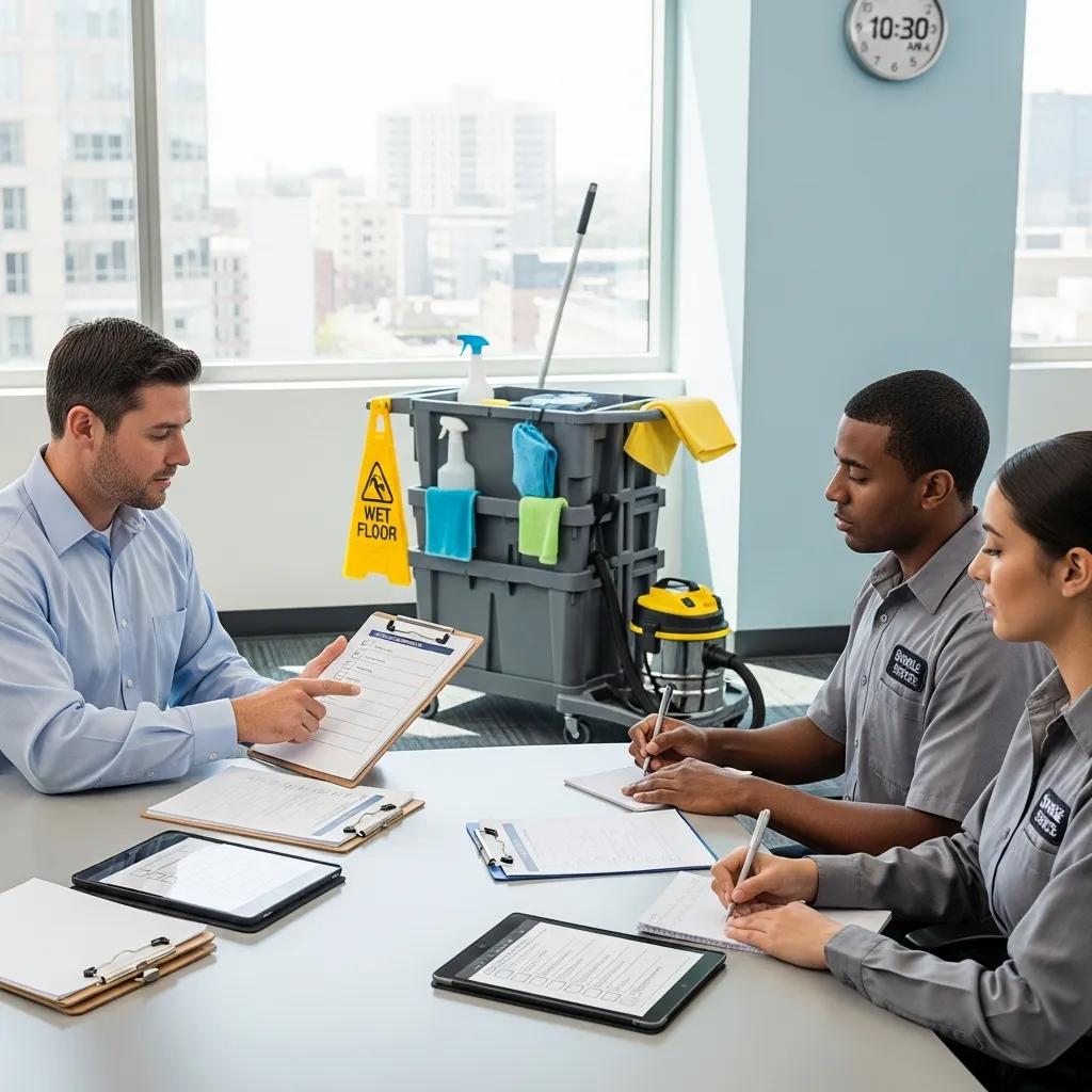 Supervisor conducting a quality inspection with a cleaner in a commercial building