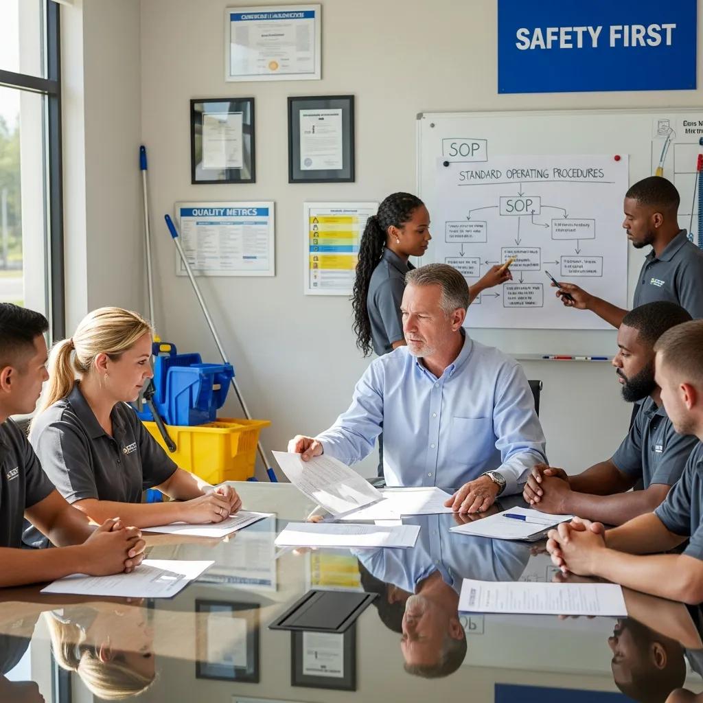 Quality assurance meeting at a commercial cleaning company focusing on service reliability