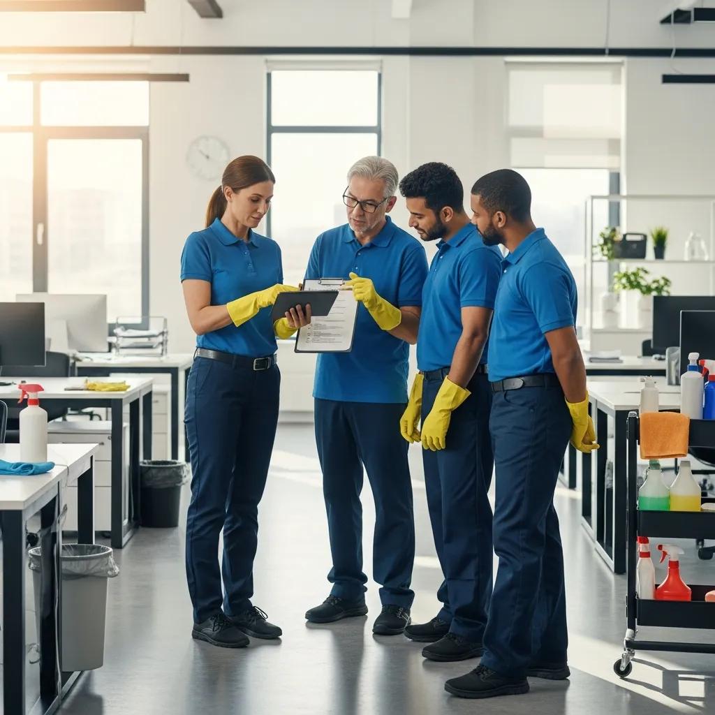 Supervisor and team conducting a commercial cleaning quality check in an office