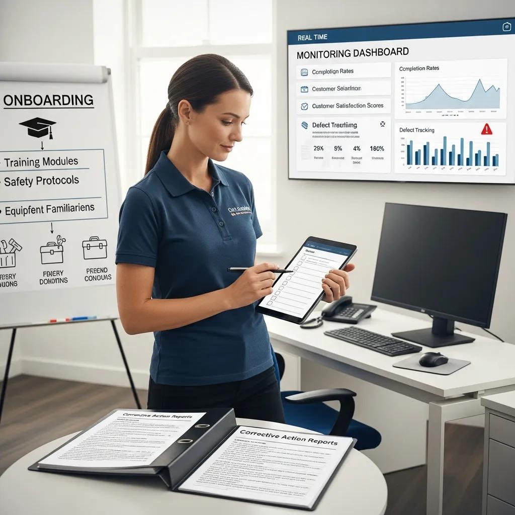 Auditor inspecting a facility as part of a commercial cleaning quality assurance process