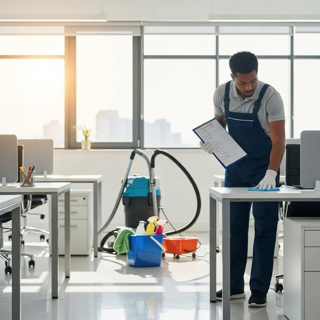 Inspector checking cleaning standards in a commercial space — focus on quality and client satisfaction