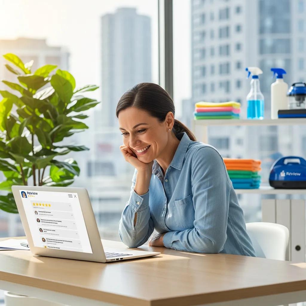Business owner reading commercial cleaning reviews on a laptop