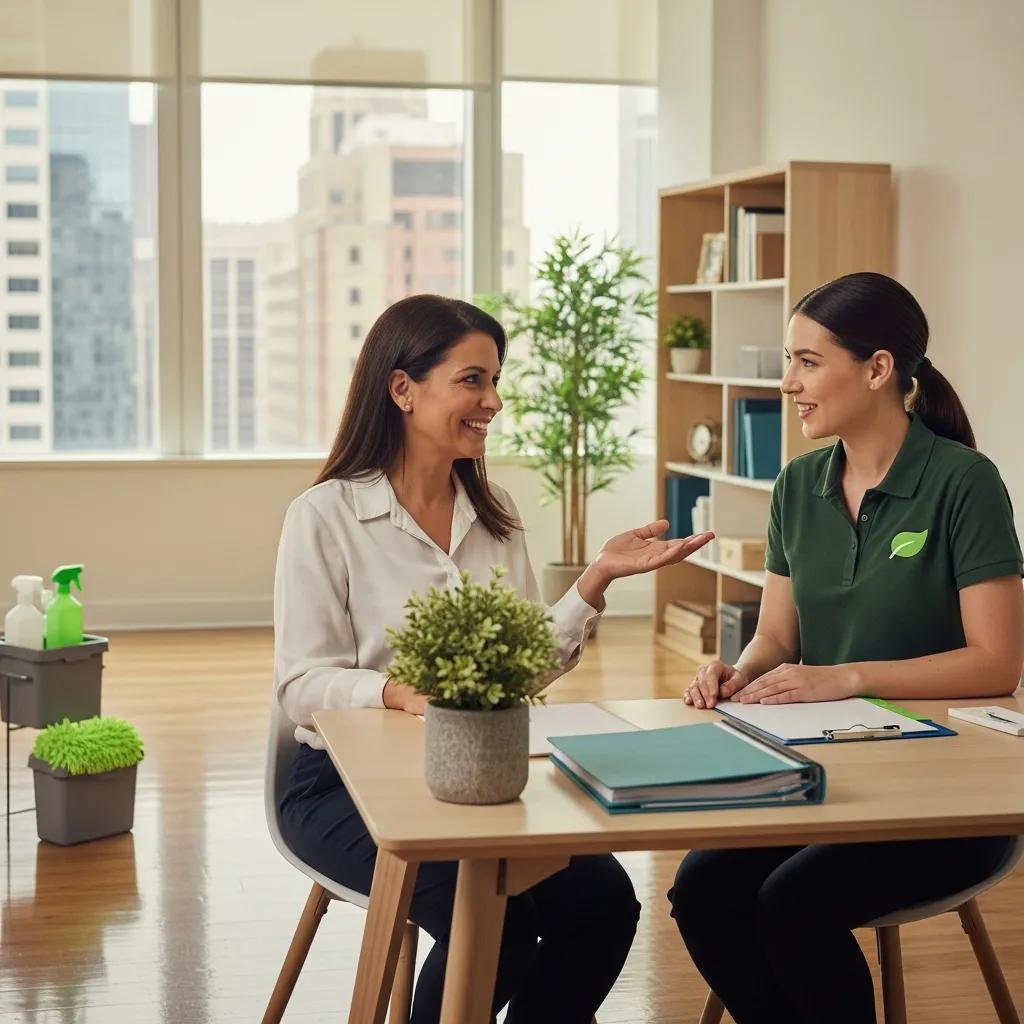 Happy client in a freshly cleaned commercial space describing positive experiences with eco-friendly cleaning