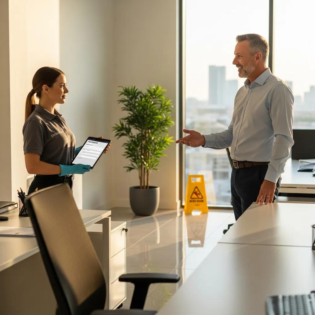 Happy client giving feedback to a professional cleaner in a tidy office