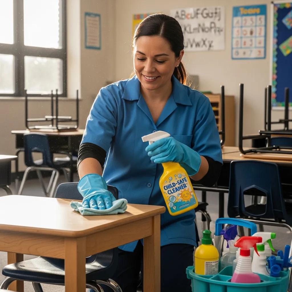School cleaning staff using child-safe products in a classroom setting