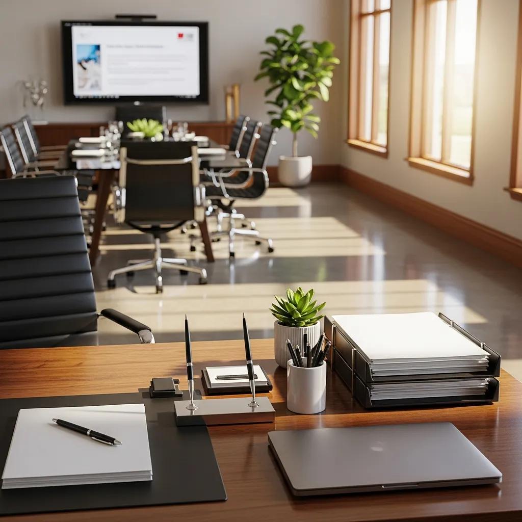 Clean, organised office interior with tidy desks and meeting rooms, illustrating office cleaning services