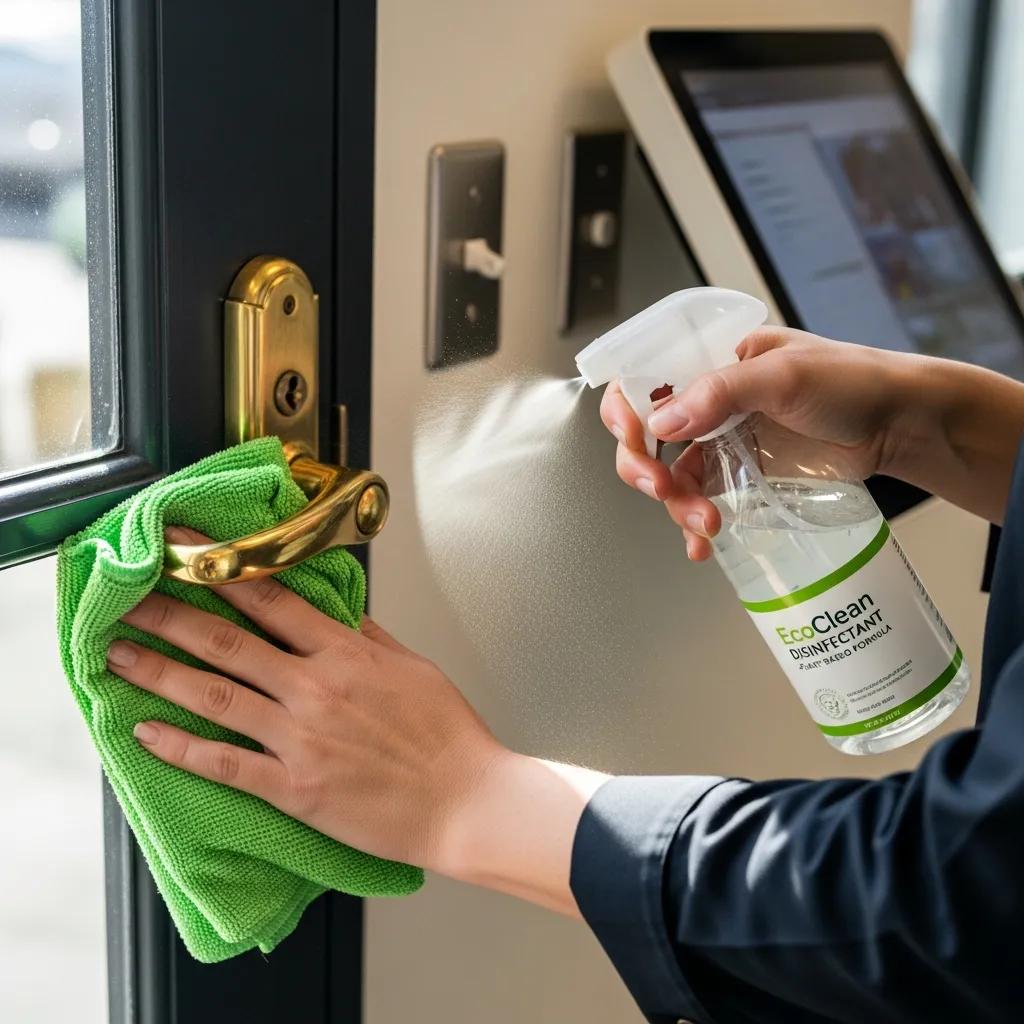 Team member disinfecting frequently touched surfaces in an office