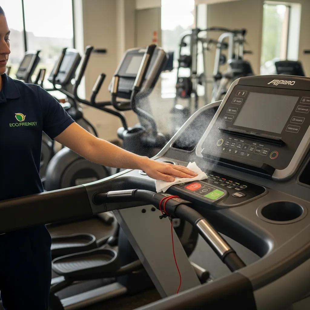 Staff member disinfecting treadmill console, illustrating best practices for exercise equipment hygiene