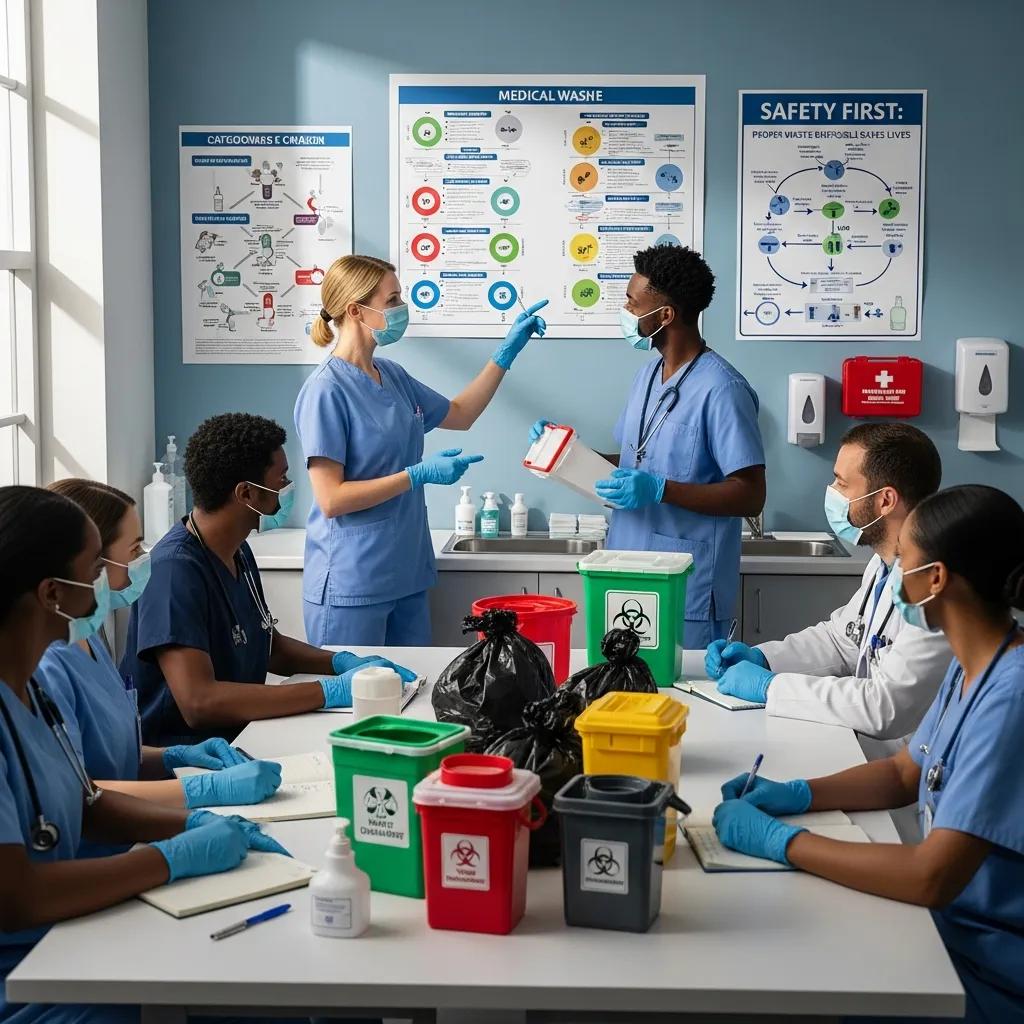 Staff training session on medical waste handling in a healthcare facility
