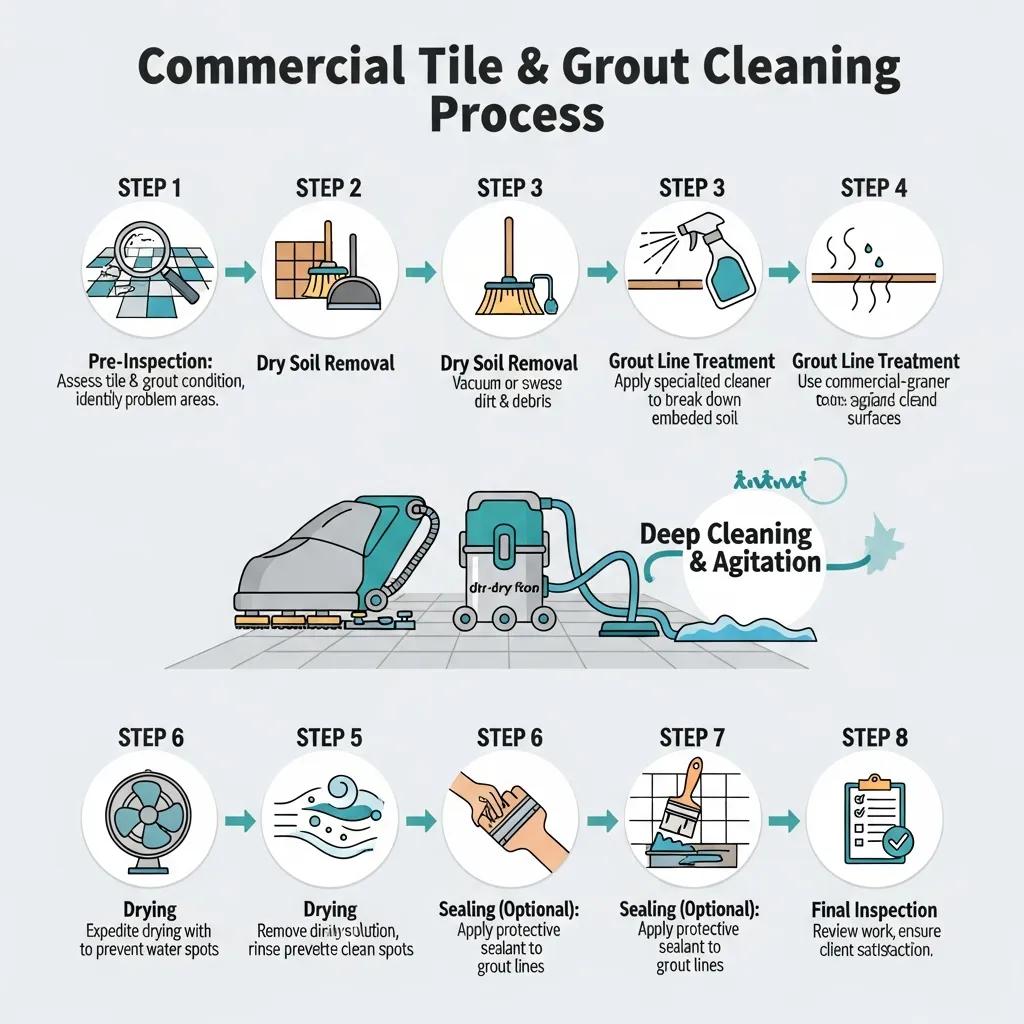 Step-by-step process of commercial tile and grout cleaning highlighting key phases and techniques