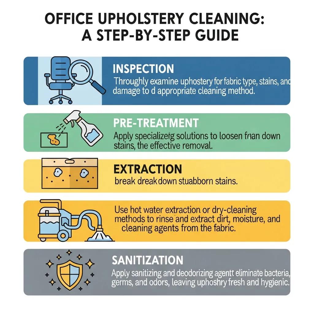 Step-by-step process of office upholstery cleaning including inspection, pre-treatment, extraction, and sanitization
