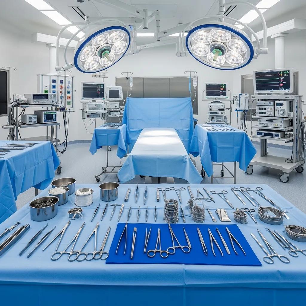 Sterile surgical suite with organized instruments and bright lighting