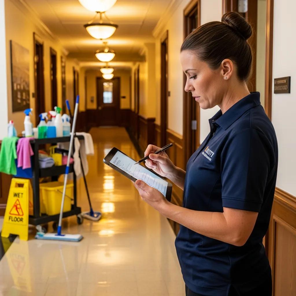 Supervisor carrying out a quality check during a commercial cleaning job, showing attention to detail and professional standards