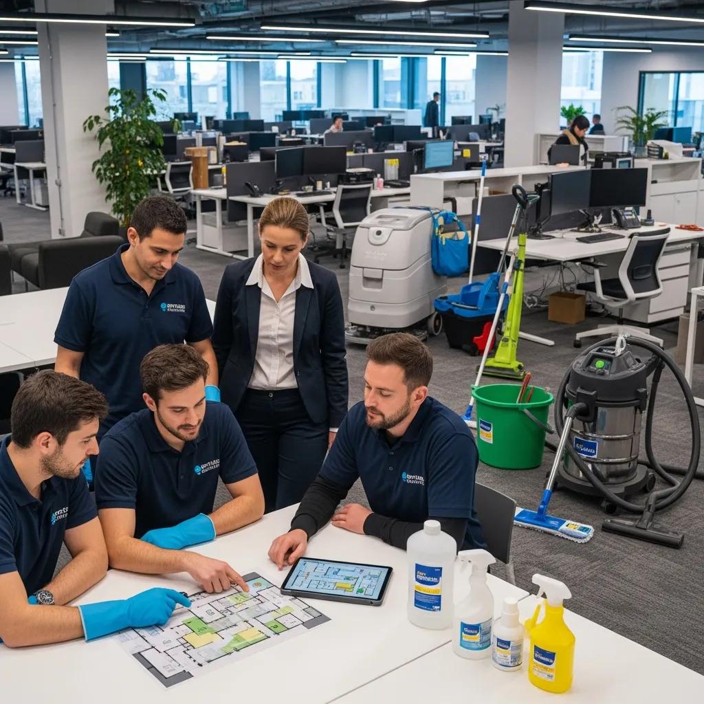 Team discussing customized floor cleaning solutions in an office, emphasizing tailored service
