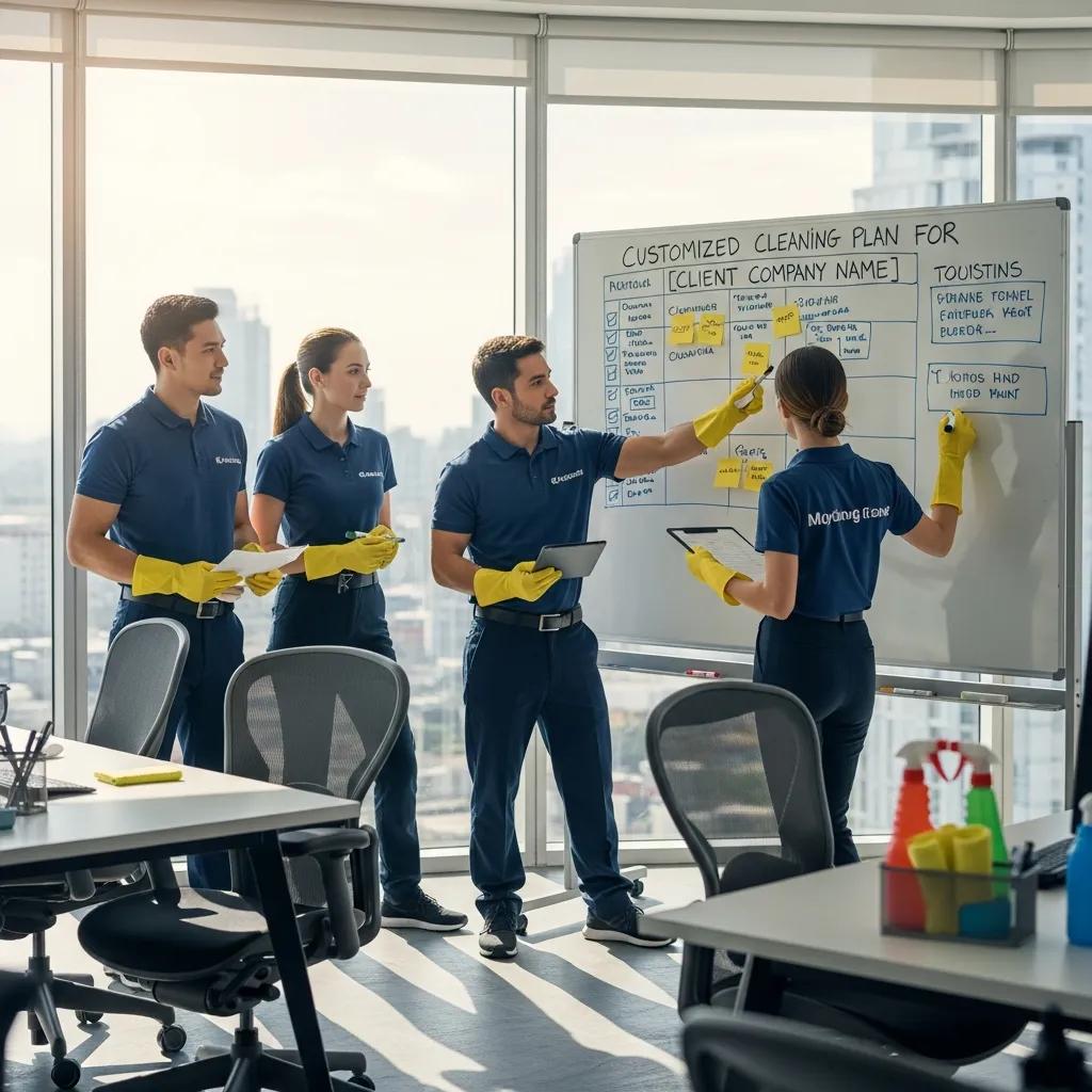Cleaning team planning a customised office cleaning schedule to match a business's needs