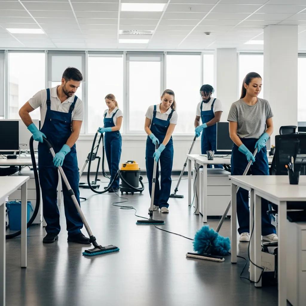Team of commercial cleaners working efficiently in a bright office environment
