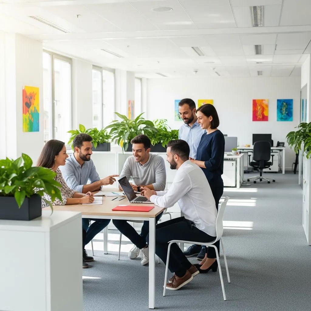 Team of employees in a clean office, highlighting the impact of hygiene on morale and motivation