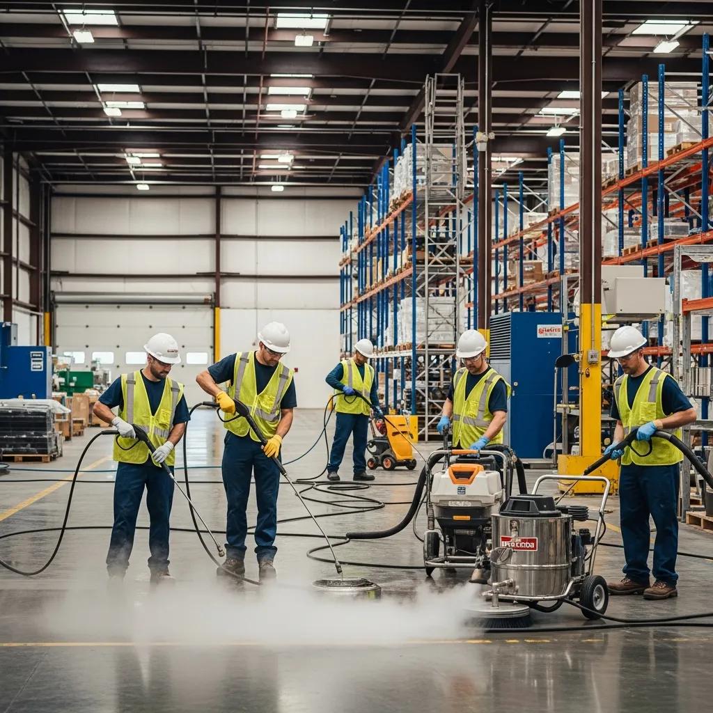 Team of professionals performing industrial facility cleaning with heavy equipment in a warehouse