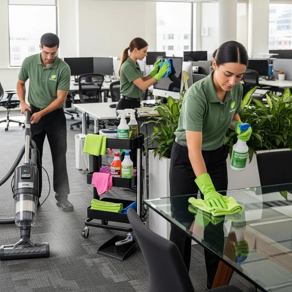 Cleaning team using microfibre cloths and eco products in an office