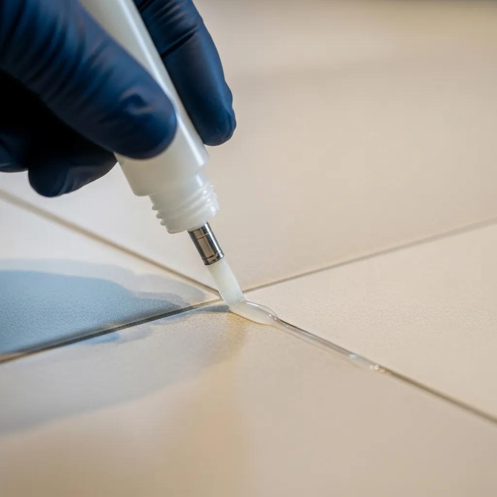 Technician applying sealant to grout lines, showcasing the restoration process for tile and grout longevity
