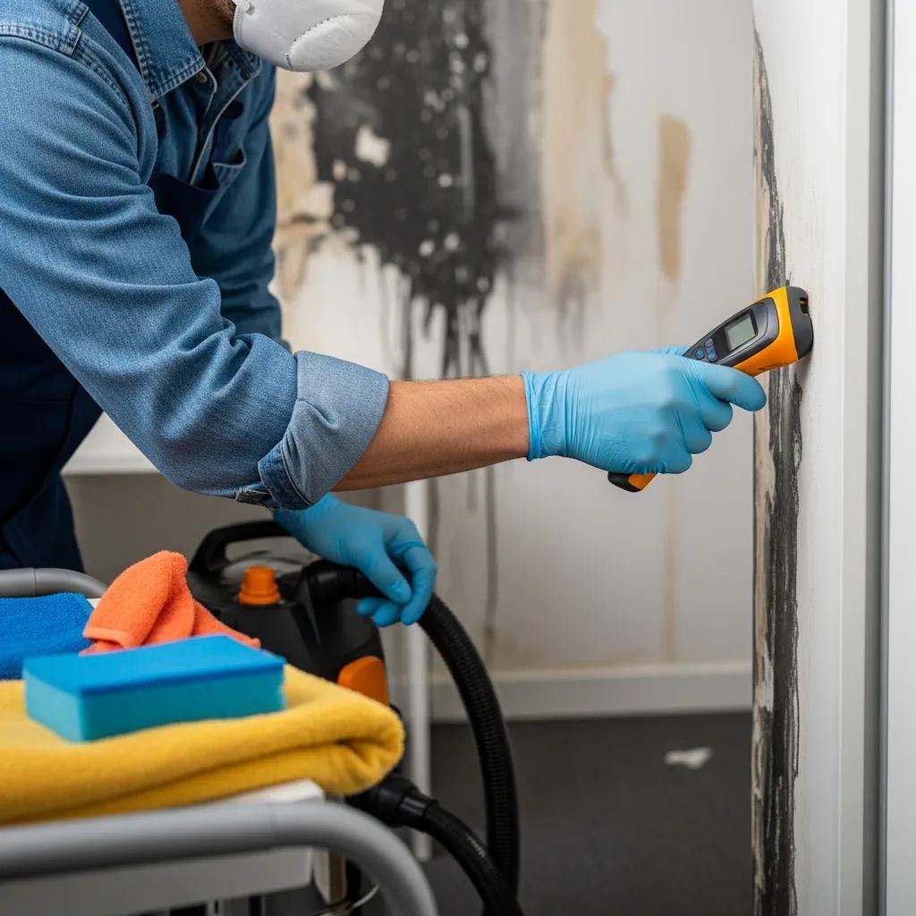 Technician assessing water damage in an office with moisture meters and cleaning tools