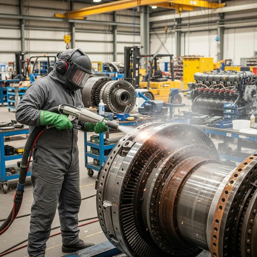 Technician using dry-ice blasting for heavy equipment sanitation in an industrial setting