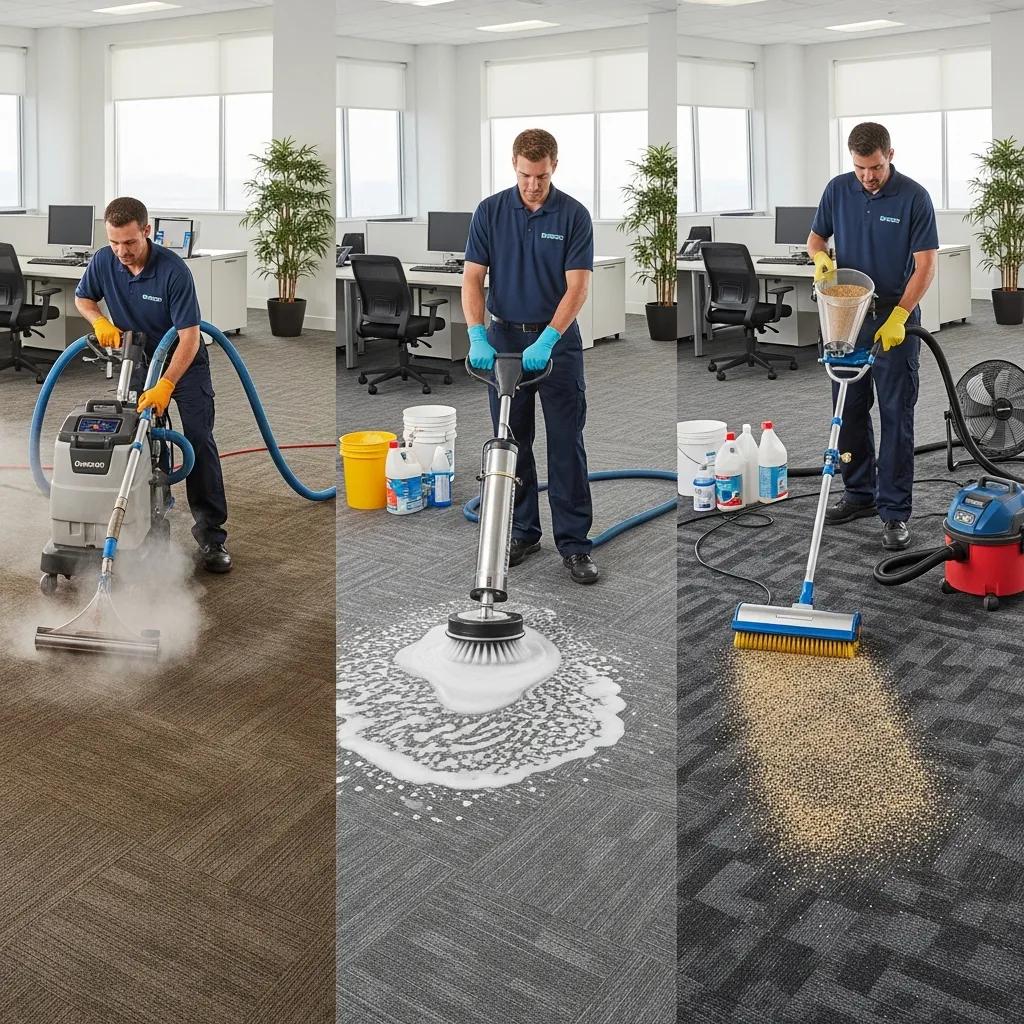 Technicians demonstrating various advanced carpet cleaning methods in a commercial office setting