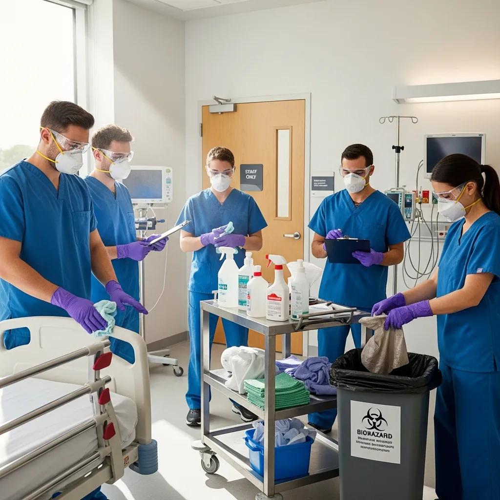 Trained cleaning professionals in a medical centre demonstrating safe cleaning practices