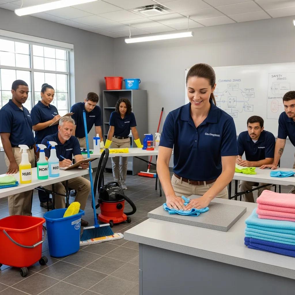 Trainer showing correct cleaning techniques to staff during a hands-on training session