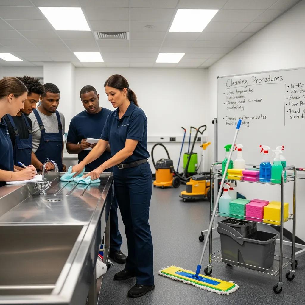 On-site training session for commercial cleaners focusing on practical cleaning techniques