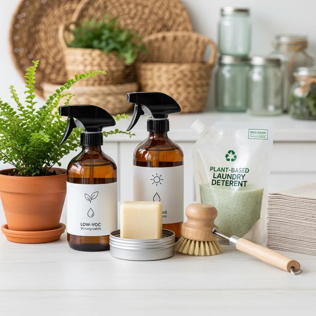 Selection of biodegradable and low‑VOC cleaning products on a bench