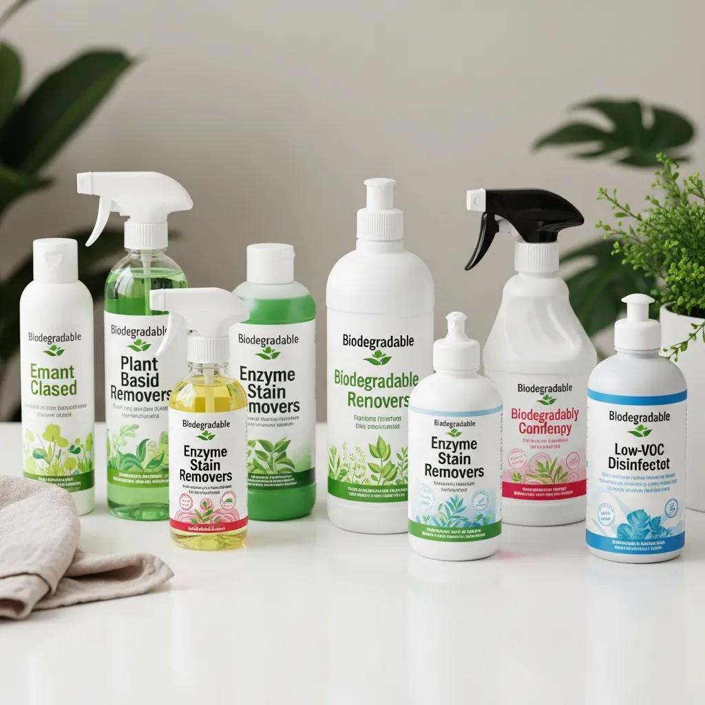 Selection of biodegradable cleaning products neatly arranged on a clean surface