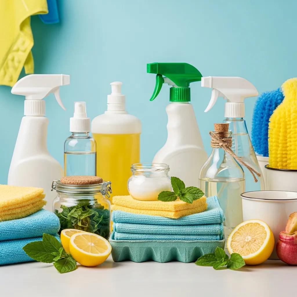 Variety of eco-friendly commercial cleaning products emphasizing sustainability and cleanliness