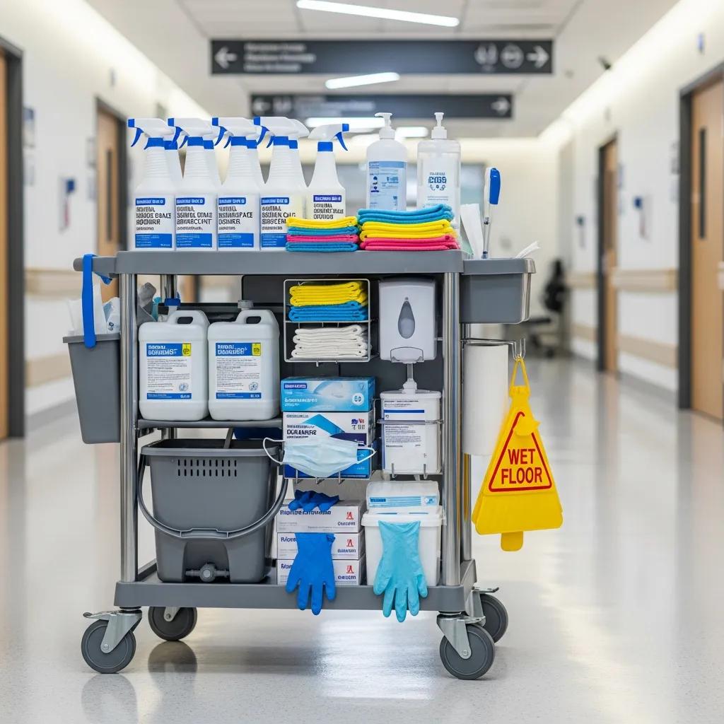 Hospital-grade cleaning products and tools organised on a service cart in a clinical area