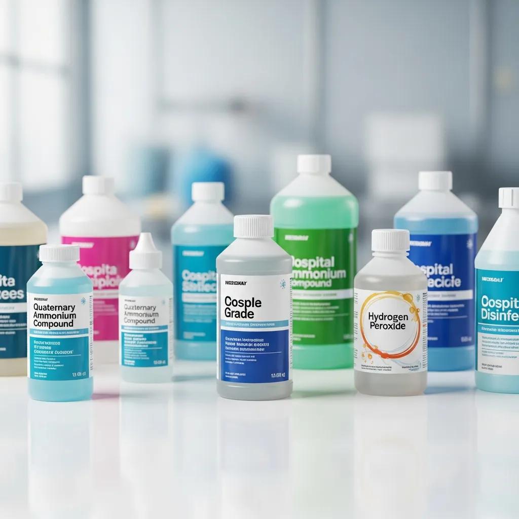 Variety of hospital-grade disinfectants for surgical theatre cleaning