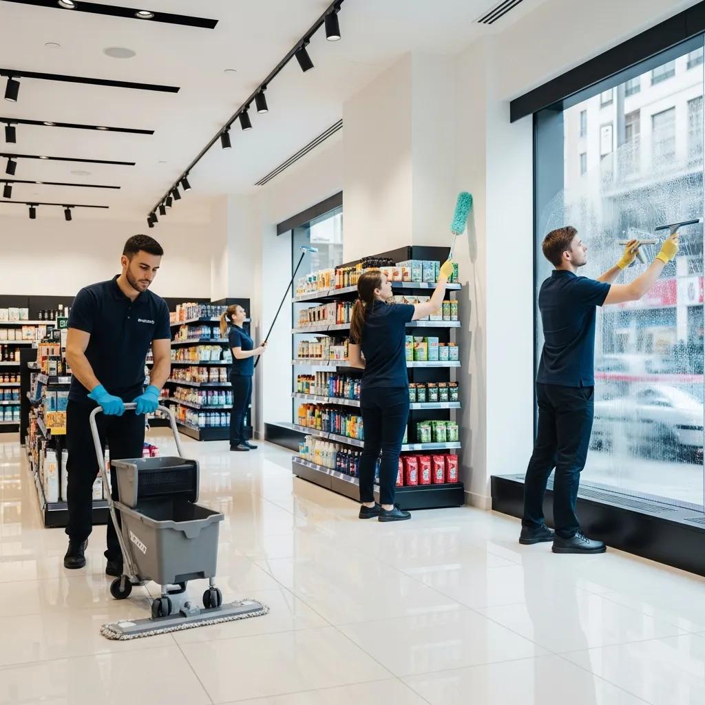 Team performing common retail cleaning tasks: floors, shelves and windows