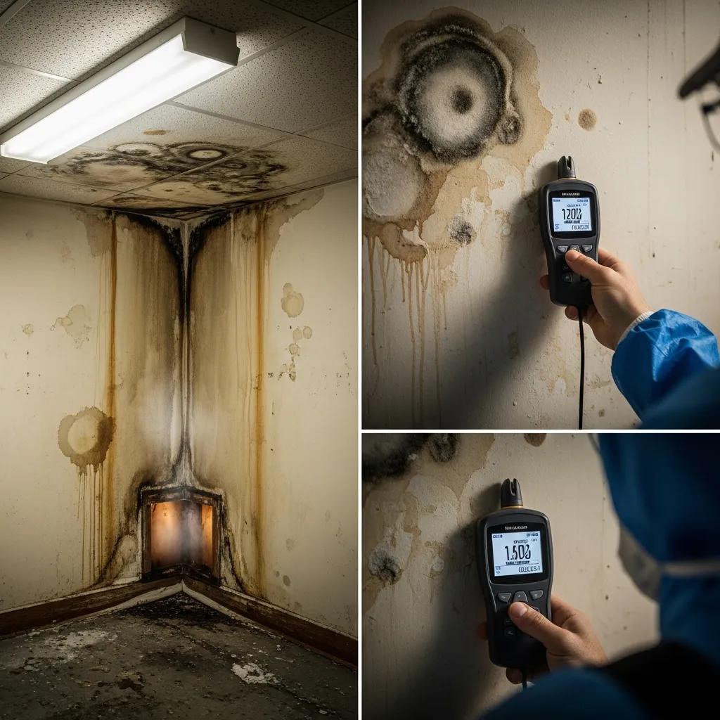 Visible and hidden indicators of mold infestation in a commercial building