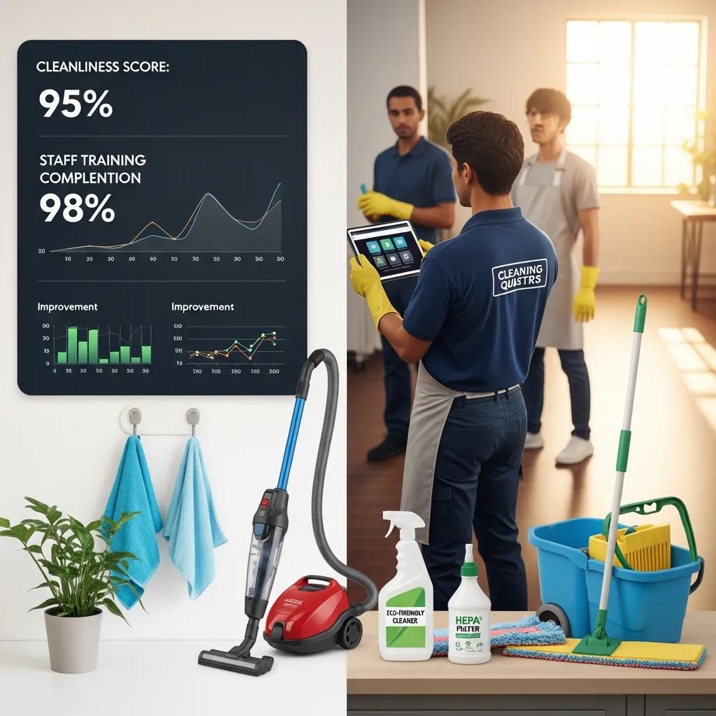 Cleaning quality metrics displayed alongside eco-friendly cleaning tools