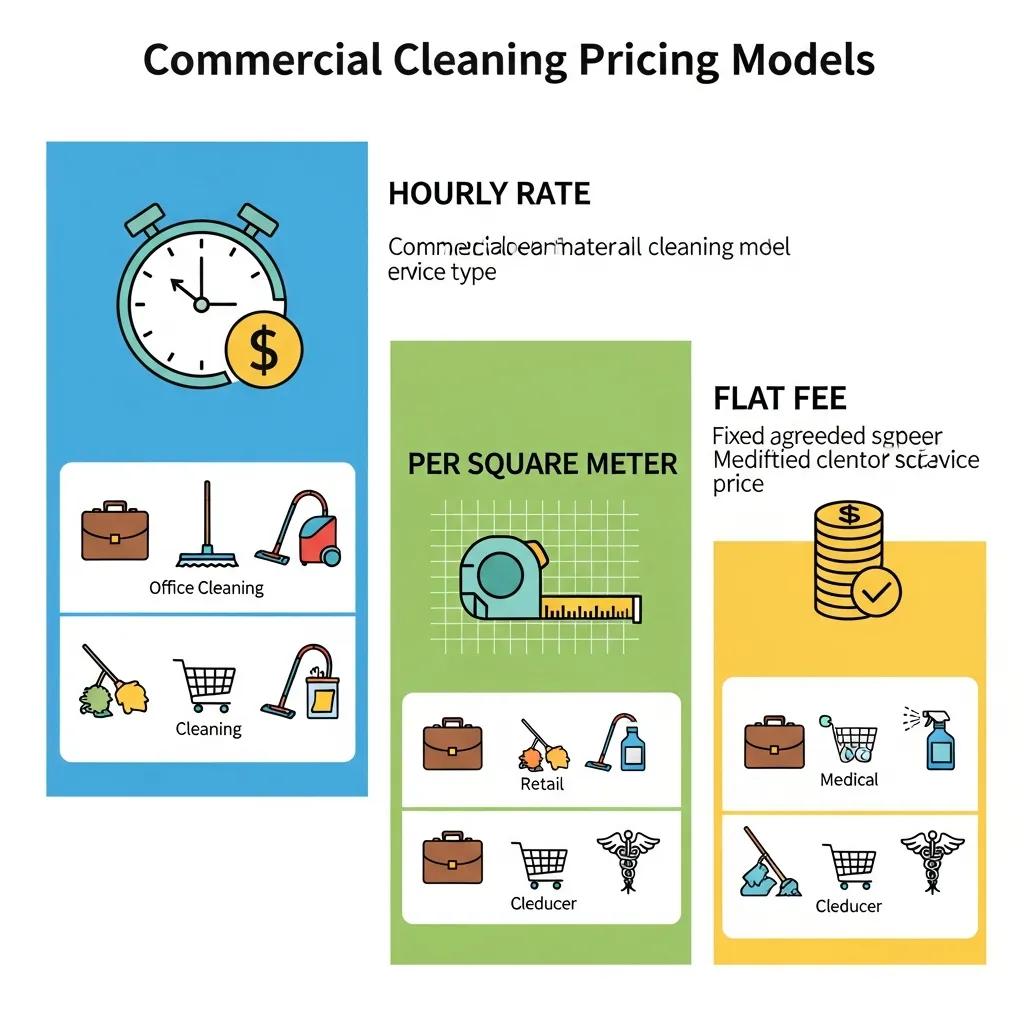 Graphic showing common commercial cleaning pricing approaches: hourly, per square metre and per visit
