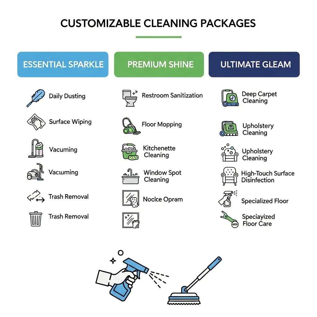 Illustration showing custom cleaning packages and tasks for different business needs