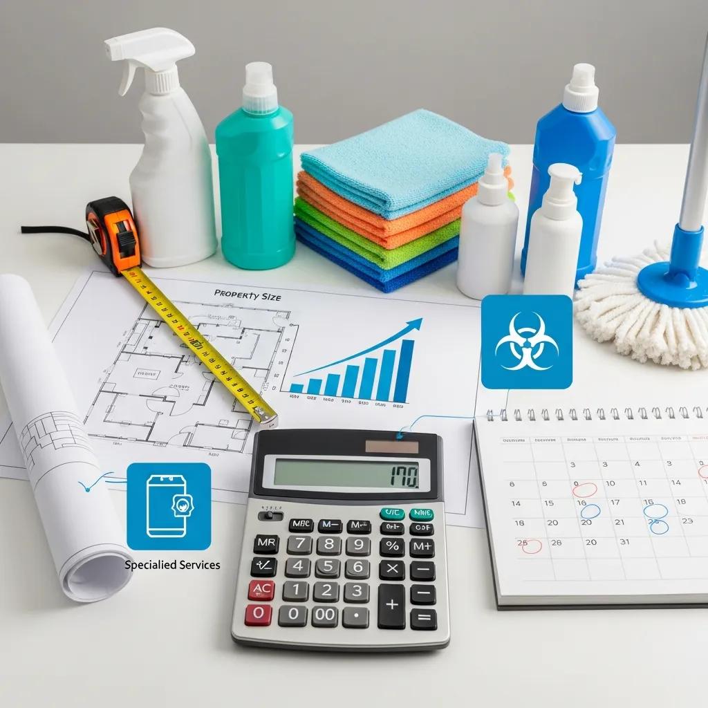 Icons and supplies showing the main factors that influence commercial cleaning prices