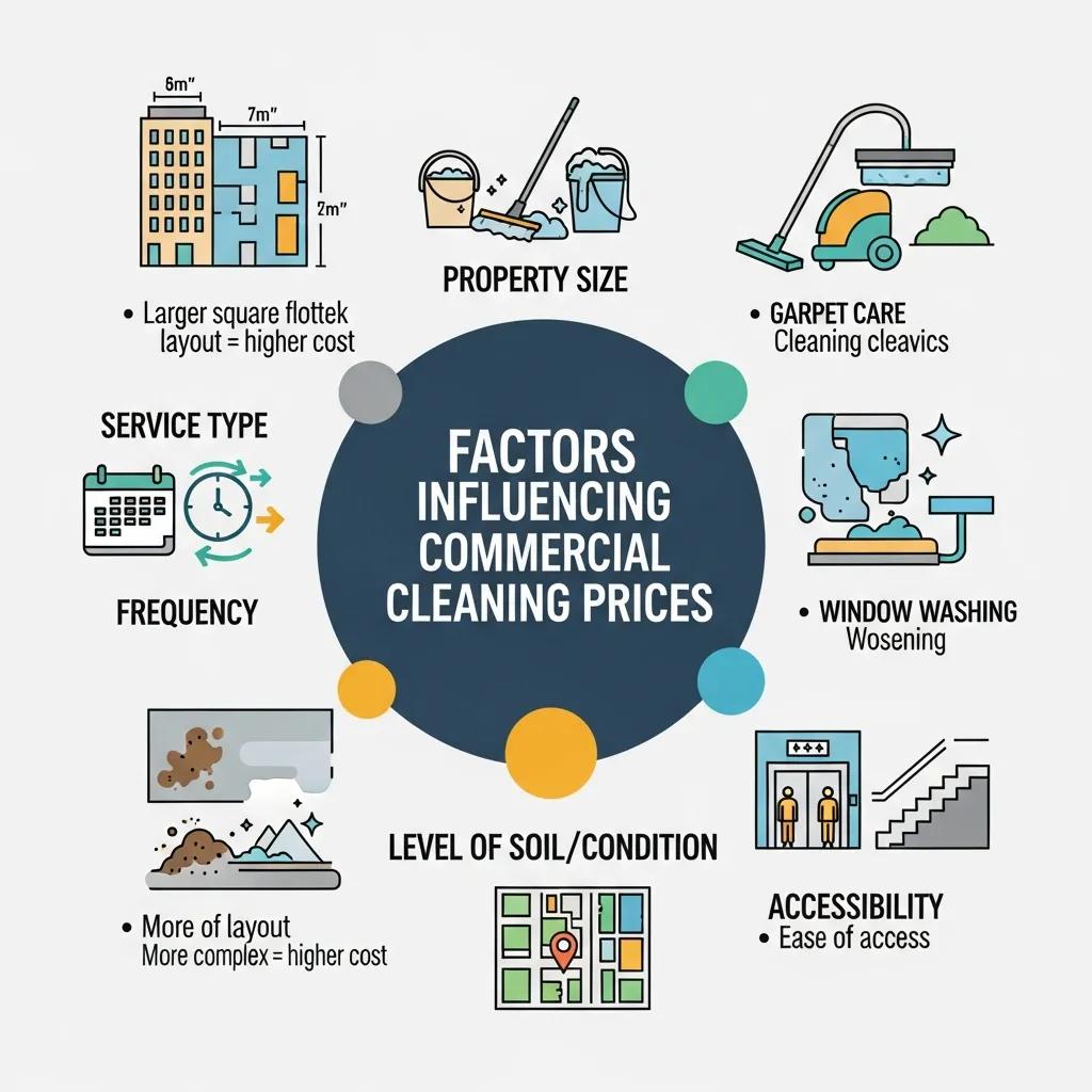 Diagram showing the main factors that affect commercial cleaning prices: size, service type and visit frequency