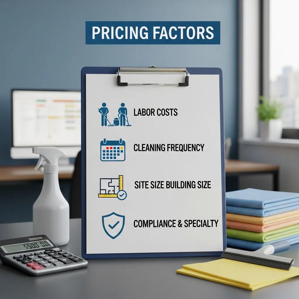 Key pricing factors for commercial cleaning shown visually
