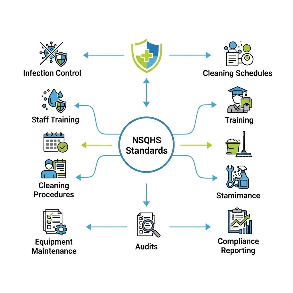 Visual representation of NSQHS standards and their role in medical facility cleaning compliance